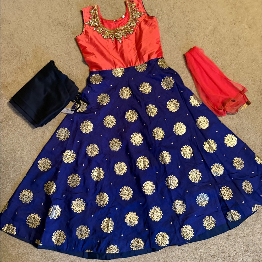 Pink and Blue Embellished Anarkali with Gold Accents